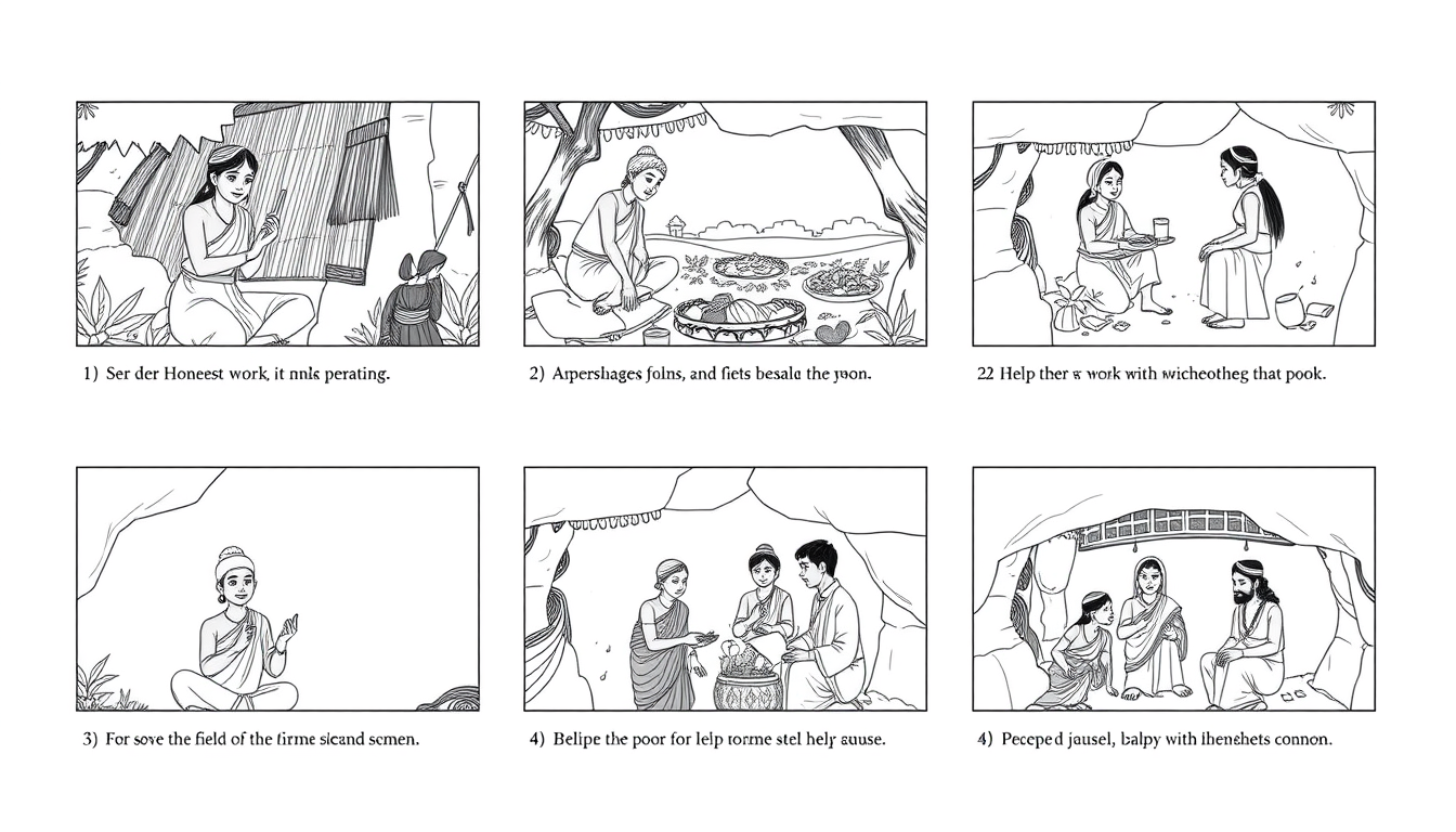 Storyboard idea created from the prompt: storyboard panels, cinematic shot sequence, clear camera angles, grayscale sketch layout, readable scene flow, Create a neat, colourful, six