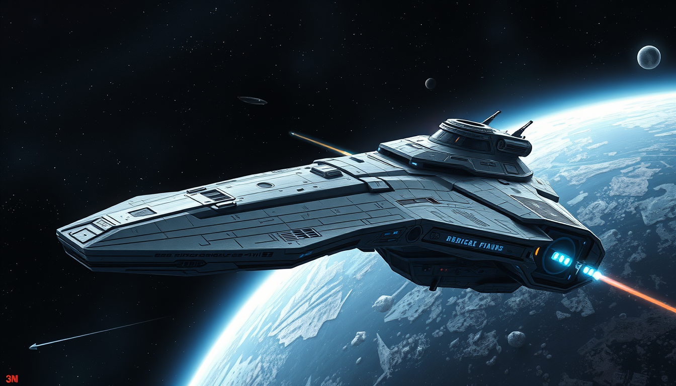 Spaceships idea: sci-fi spaceship concept art, detailed hull, deep space background, fragata modificada , full spaceship design illustration