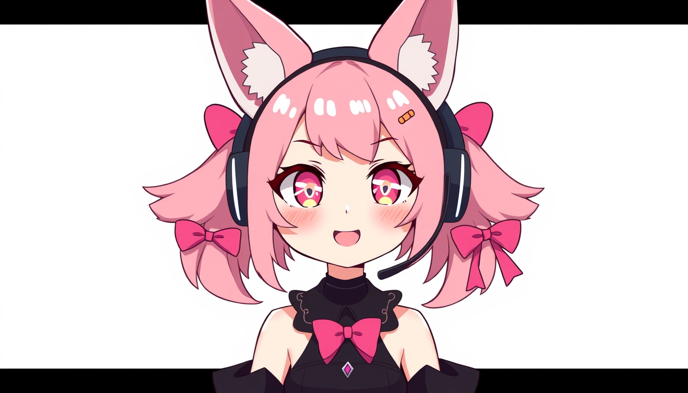 VTuber idea: vtuber avatar character, anime style, expressive face, streaming-ready design, pink-haired fox girl with headset and glowing eyes a black dress 2 pink