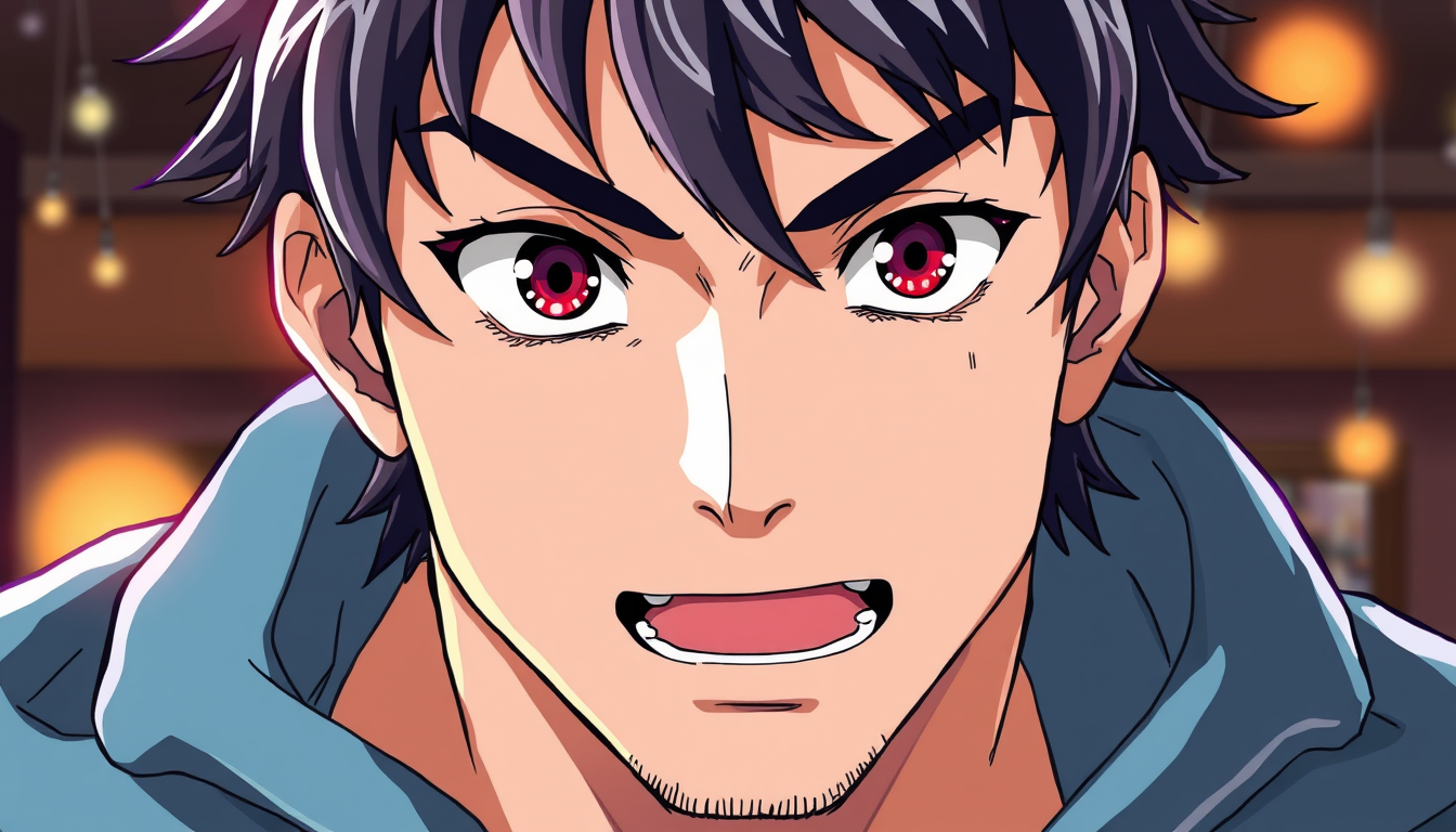 Anime idea created from the prompt: anime style, vibrant colors, expressive eyes, Un homme gros joux potelé , detailed anime illustration