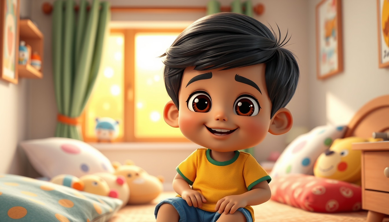 Main art studio: Cute 3D preschool cartoon animation, Aarav, adorable 3-year-old Indian boy with short black hair and big brown eyes, wearing a yellow T-shirt and blue