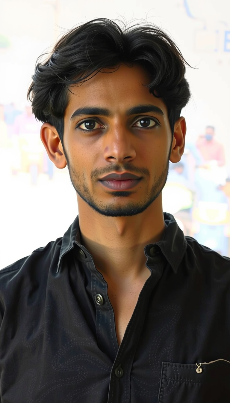Main art studio: A medium cinematic shot of an Indian man sitting on a wooden bench outside a vibrant roadside dhaba in India, holding a steaming glass of cutting chai