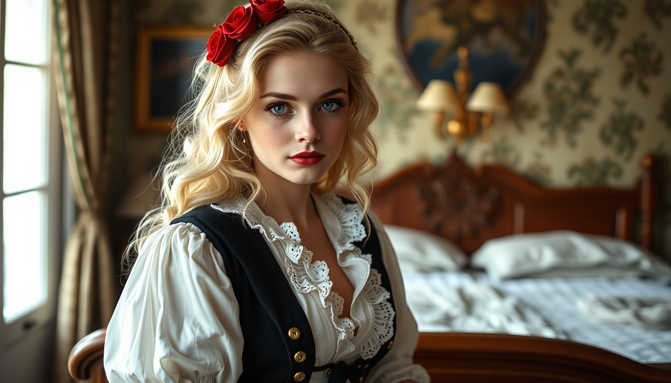 Main art studio: Une femme de l'époque blonde très claire et sa peau de la mm couleur que ses cheveux yeux bleus un duvet rose . une femme rêveuse , naïve et spontané 