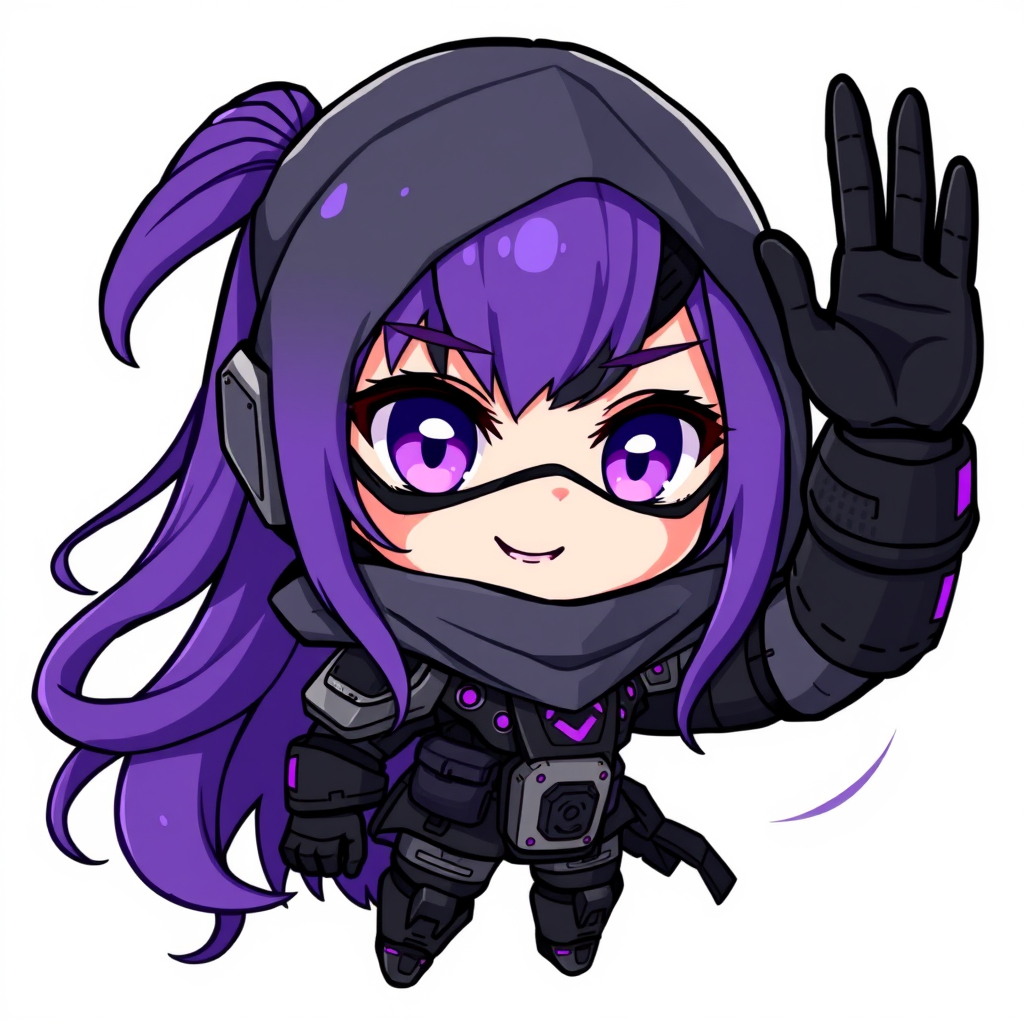Main art studio: Cute chibi female cyberpunk warrior with long flowing purple hair, violet highlights, large purple eyes, dark metallic face mask, black and dark gray