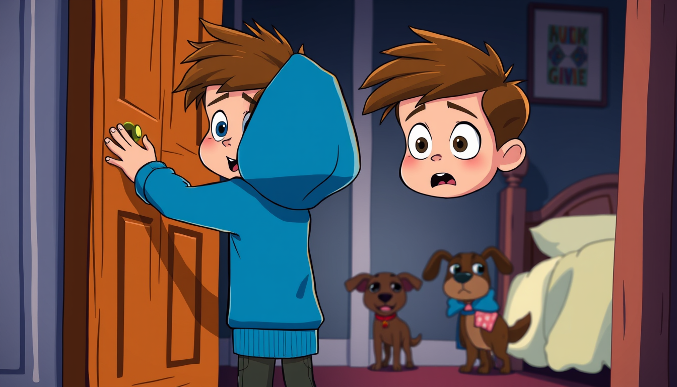 Main art studio: The same cartoon boy in a blue hoodie standing very close to the mysterious wooden door. He is reaching for the door handle with a shocked and nervous