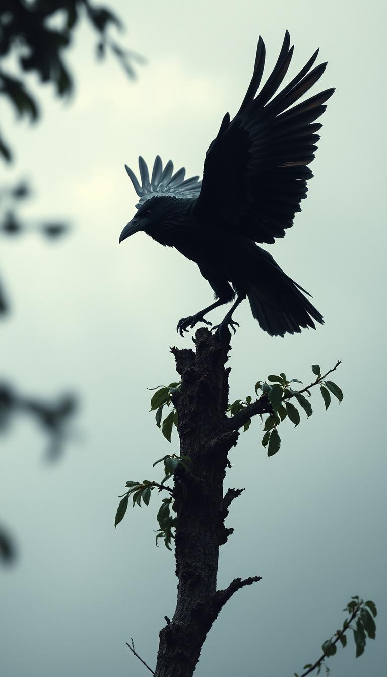 Main art studio: crea immagine di un corvo che arriva in volo e si posa su un albero, le ambientazioni devono essere cupe prendendo spunto dal film the crow