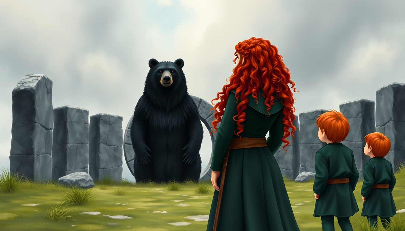 Main art studio: Merida, a teenage Scottish princess with long curly bright red hair, green eyes, and a dark green medieval dress, stands bravely before an ancient sto