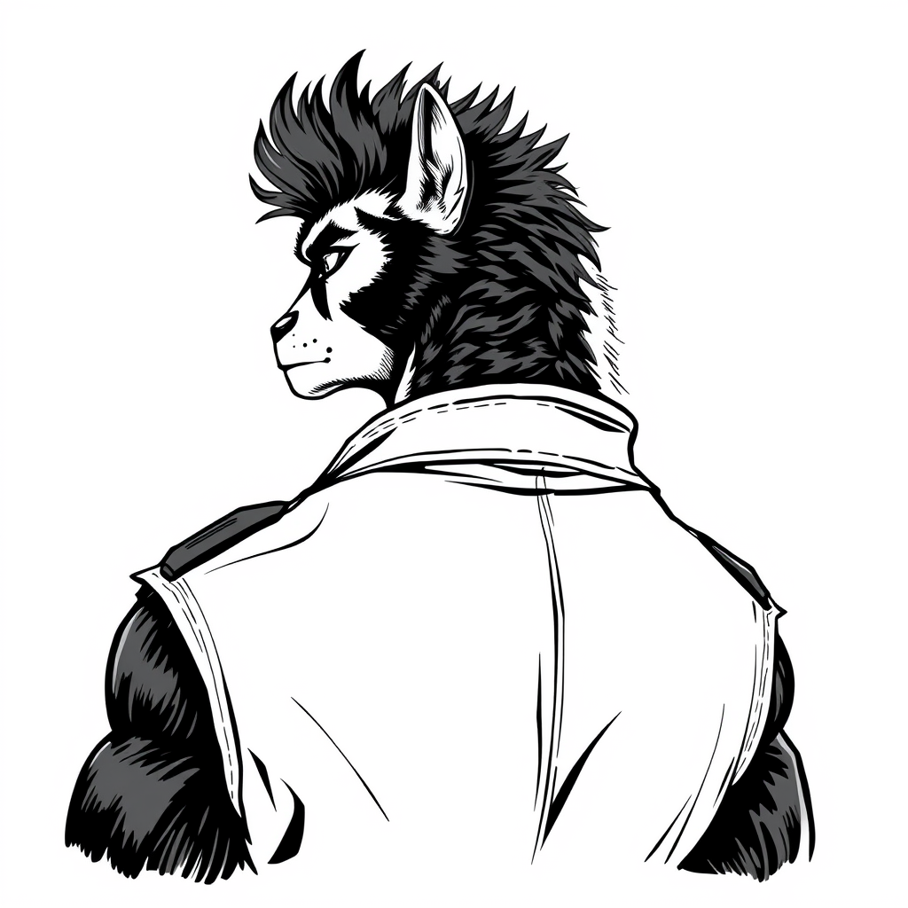 Main art studio: Image de profil. Style dessin. Blaireau massif et musclé, pelage noir et blanc caractéristique. Veste en cuir usée, manches retroussées. Cicatrice sur