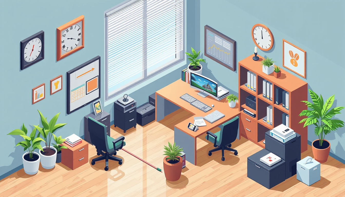 Main art studio: isometric office workspace, pixel style