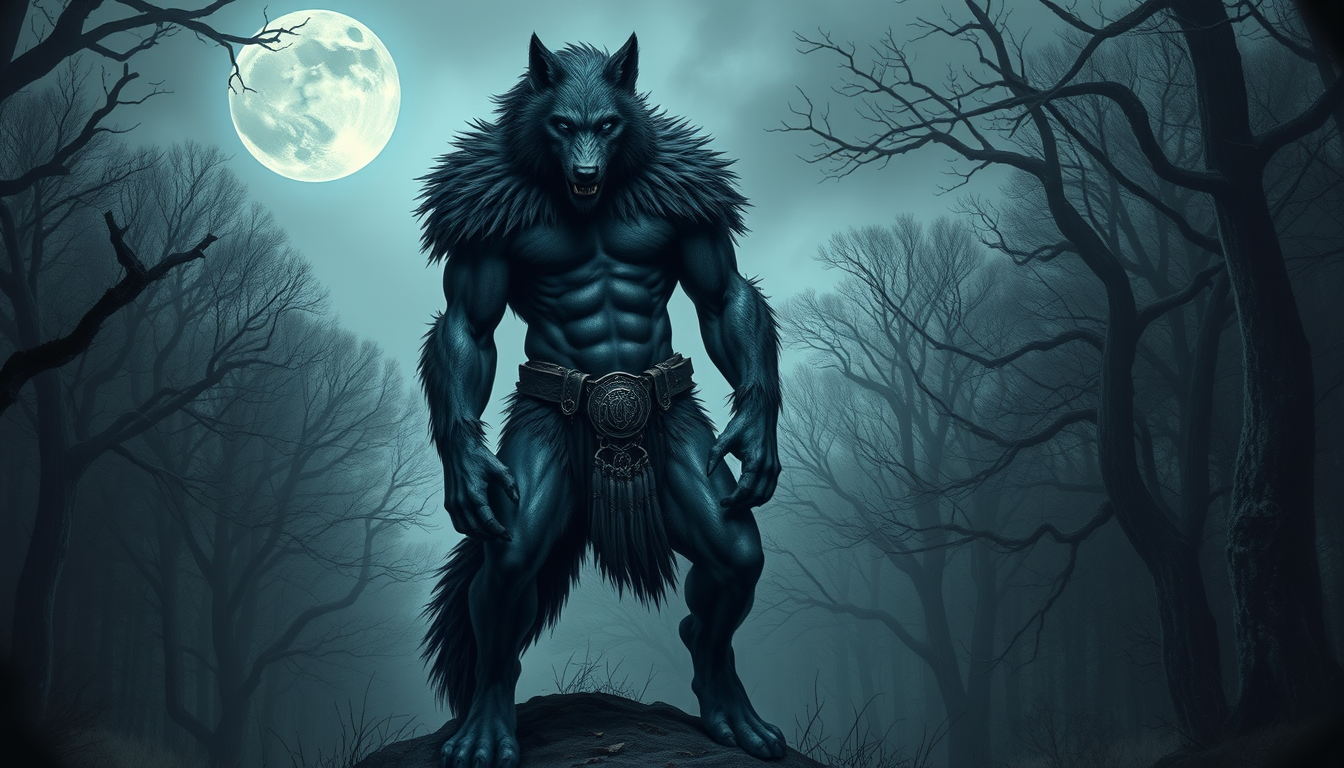 Main art studio: An upright, standing, muscular, fierce, and wild-looking King of Werewolves, Bedlam Blue, in a dense old oak forest, with a full moon above. Much fier