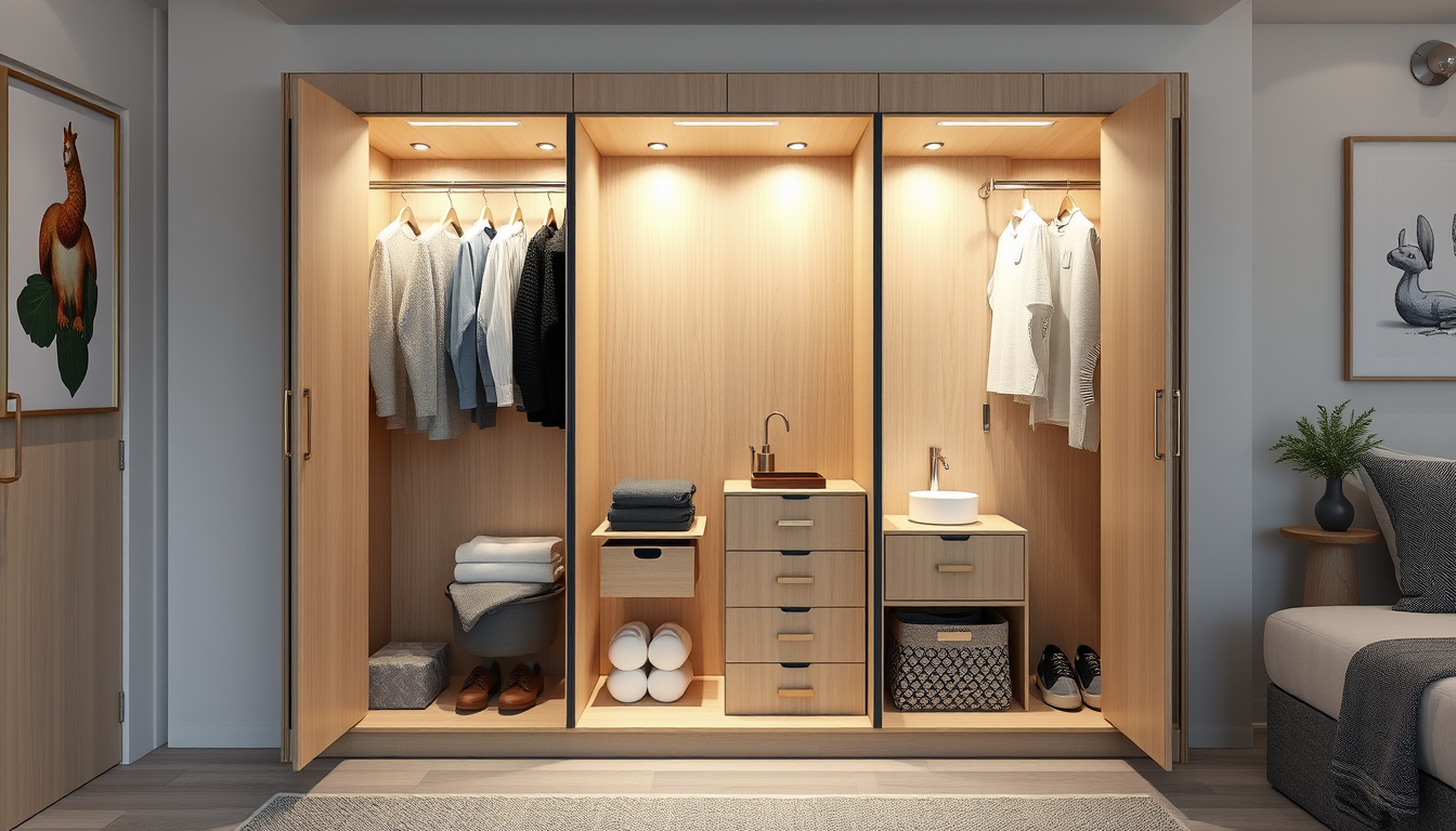 Main art studio: Guarda-roupa premium desmontável em compensado naval madeira clara, 90cm largura x 60cm profundidade x 203cm altura. Estilo moderno minimalista, acaba