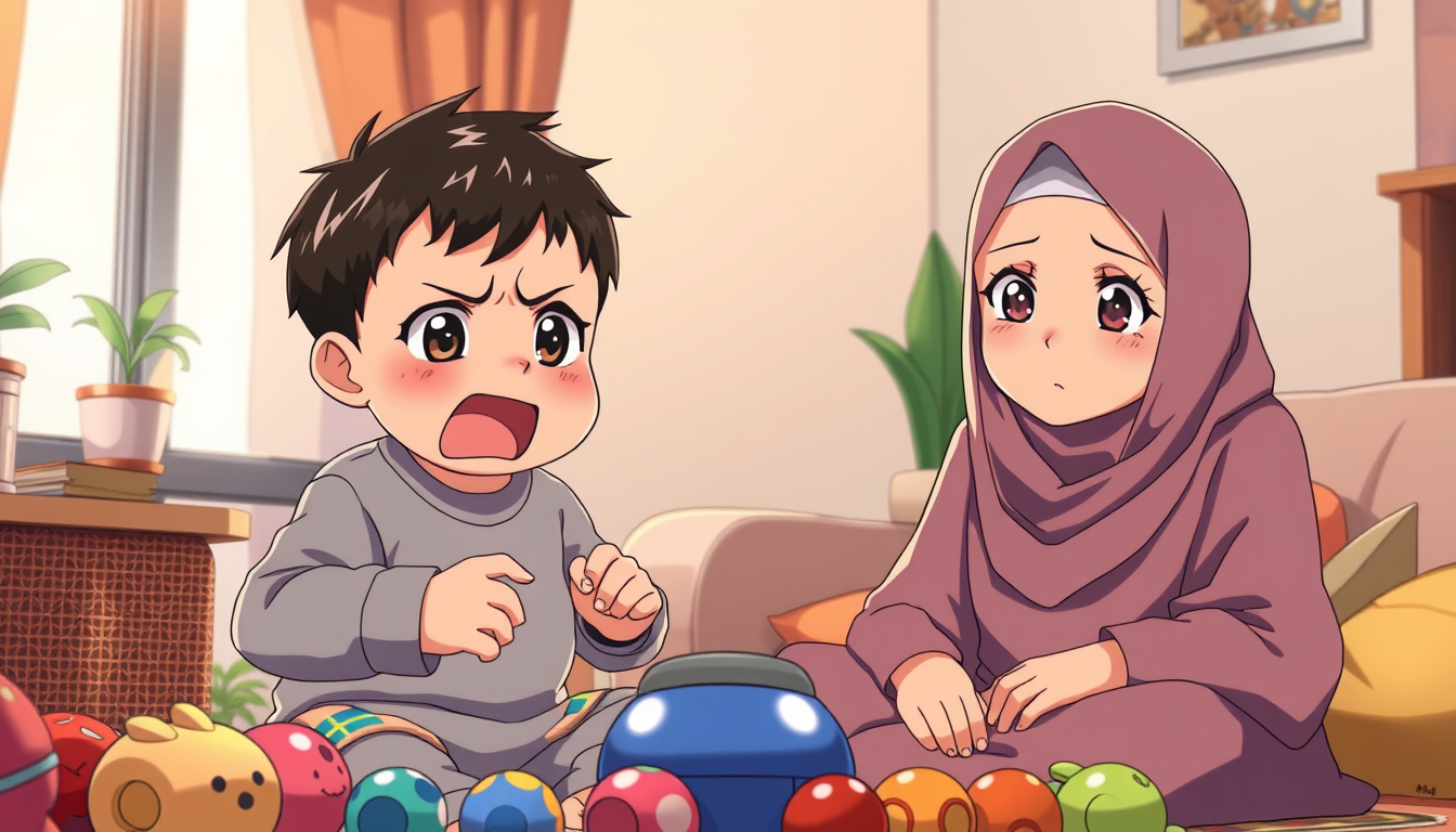Anime idea: anime style, vibrant colors, expressive eyes, 2D Japanese anime, warm parenting scene. Cute 2-3 year old boy with short dark hair is angry and shoutin