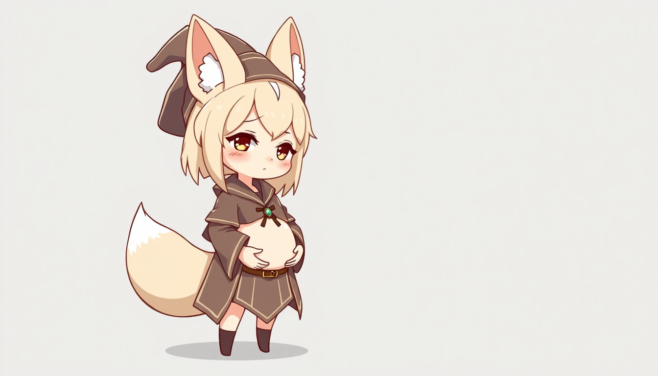 Main art studio: chibi very pregnant fox mage with her hands on her belly, wearing a mage's attire including a hat, clean lineart