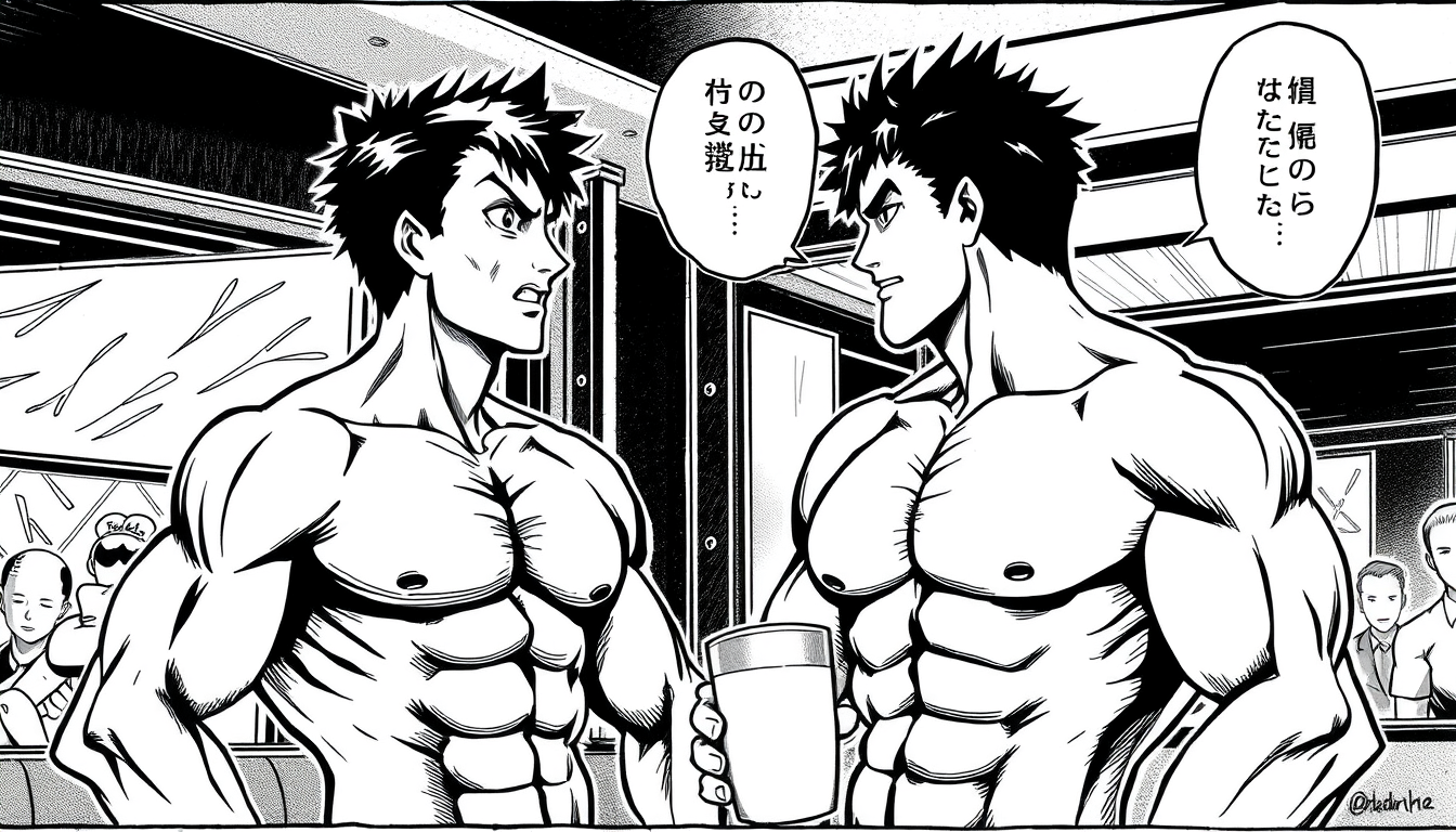 Manga idea created from the prompt: manga panel, black-and-white ink, screentone shading, expressive line weight, zwei Gay(s) mit Sixpack , manga page composition, sharp clean 