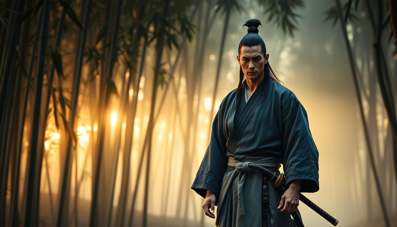 Main art studio: A stoic male samurai named Kyuzo, inspired by classic Japanese warrior aesthetics. He has a lean, athletic build, sharp cheekbones, calm dark eyes, an
