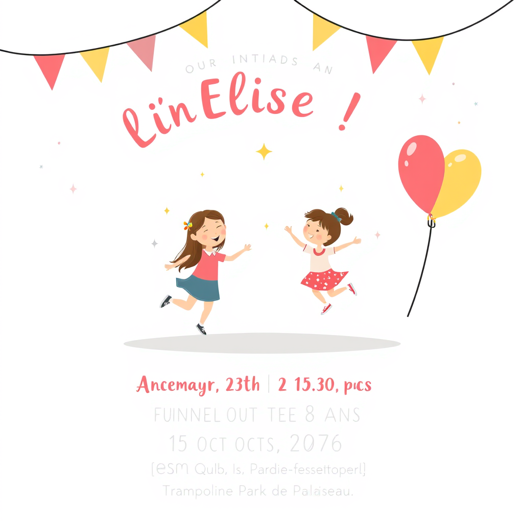 Main art studio: Propose une invitation pour l'anniversaire de notre fille Elise, qui va fêter ses 8 ans et invite ses amis à cette occasion le dimanche 4 octobre 2026