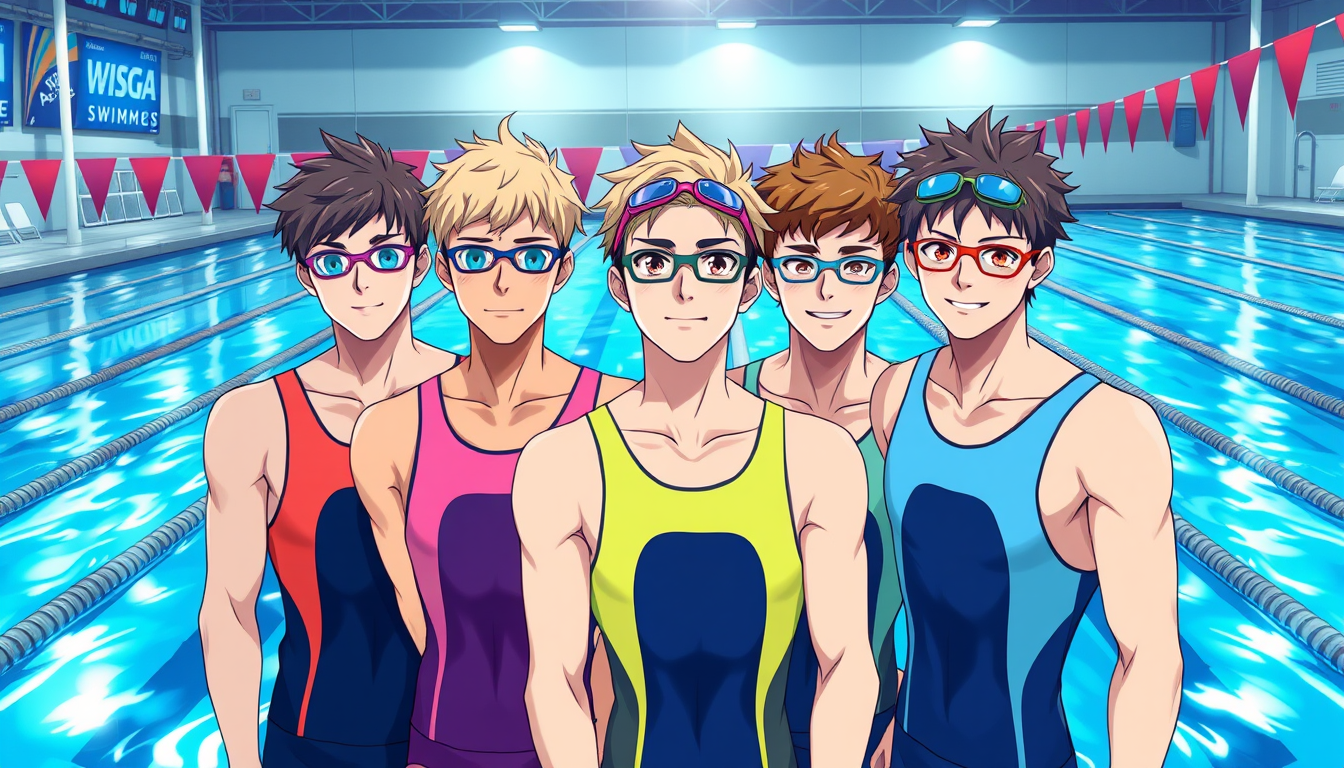 Anime idea created from the prompt: anime style, vibrant colors, expressive eyes, Four teenage male competitive swimmers at an indoor swimming pool, inspired by the visual aest