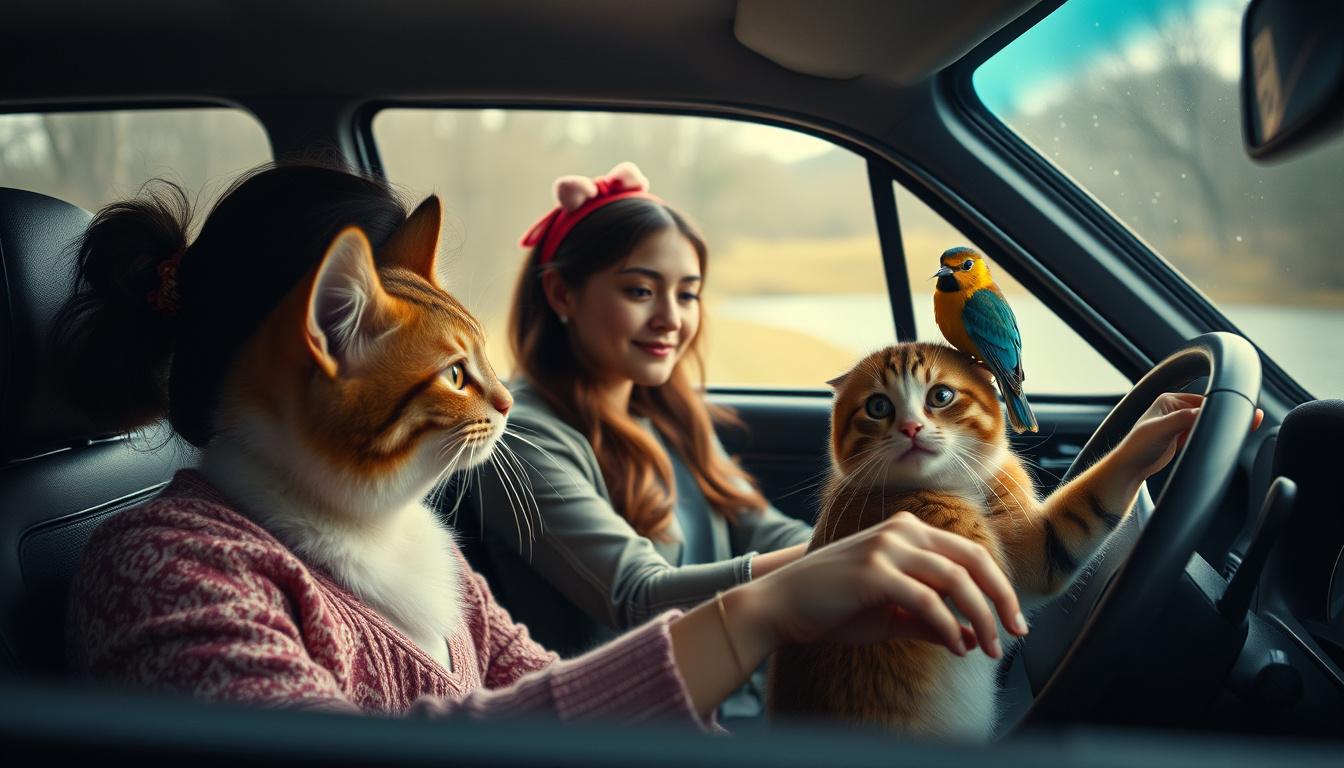 Main art studio: create vaintage movie like car drving and with cute narture cats and birds with girl mam