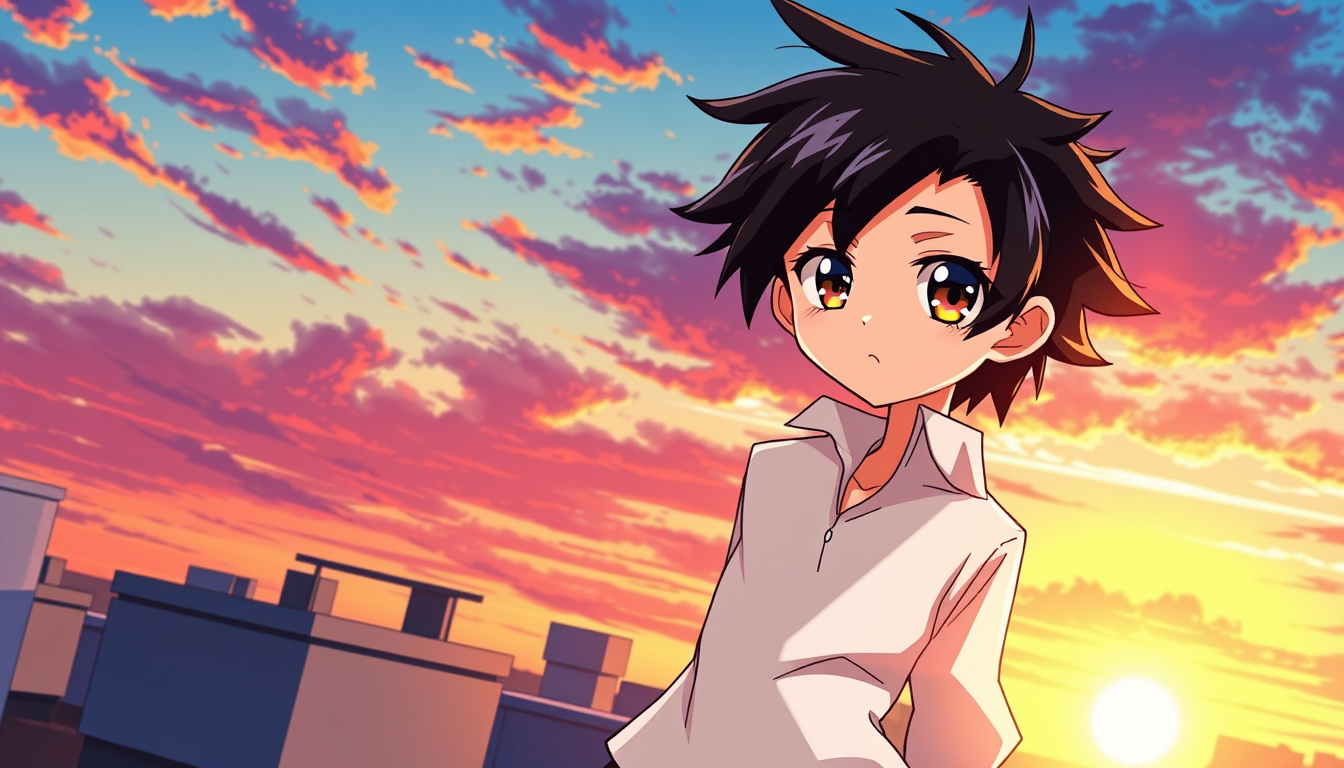 Anime idea: anime style, vibrant colors, expressive eyes, anime boy, black messy hair, white shirt, dark pants, standing on a rooftop at sunset , detailed anime i