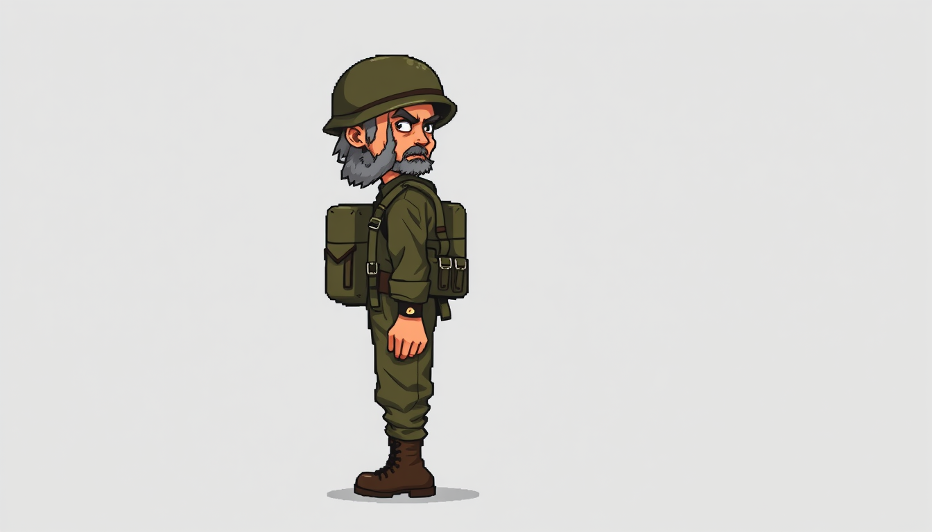 Sprites idea: a single readable game sprite with a controlled silhouette, palette, scale, and viewing angle, deliberate composition, Full-body grizzled 40-year-old
