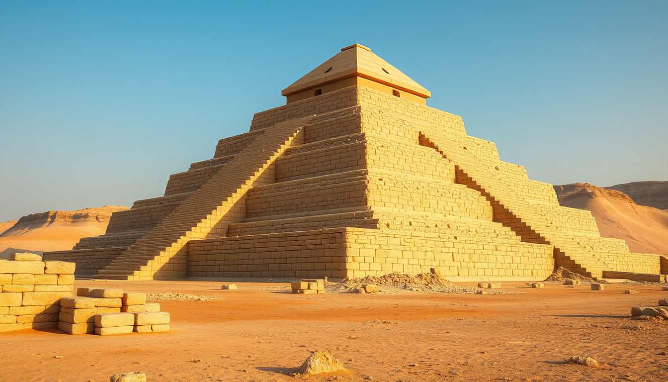 Main art studio: Photorealistic archaeological photograph of the ancient Step Pyramid of Djoser at Saqqara, Egypt. The monument is a large six-tiered stepped limestone