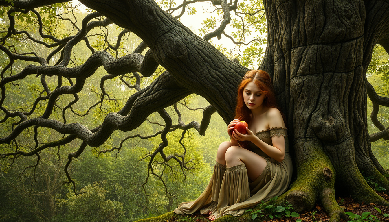 AI Art prompt example created from the prompt: wood nymph eating apple by a gnarly ancient oak tree, art nouveau, fairyland, photo real