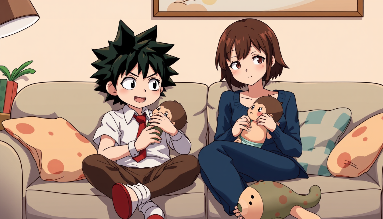 Main art studio: Deku from my hero academia on the couch Next to a girl with light skin dark brown hair and hazel color ties deku was holding a baby girl that looks li