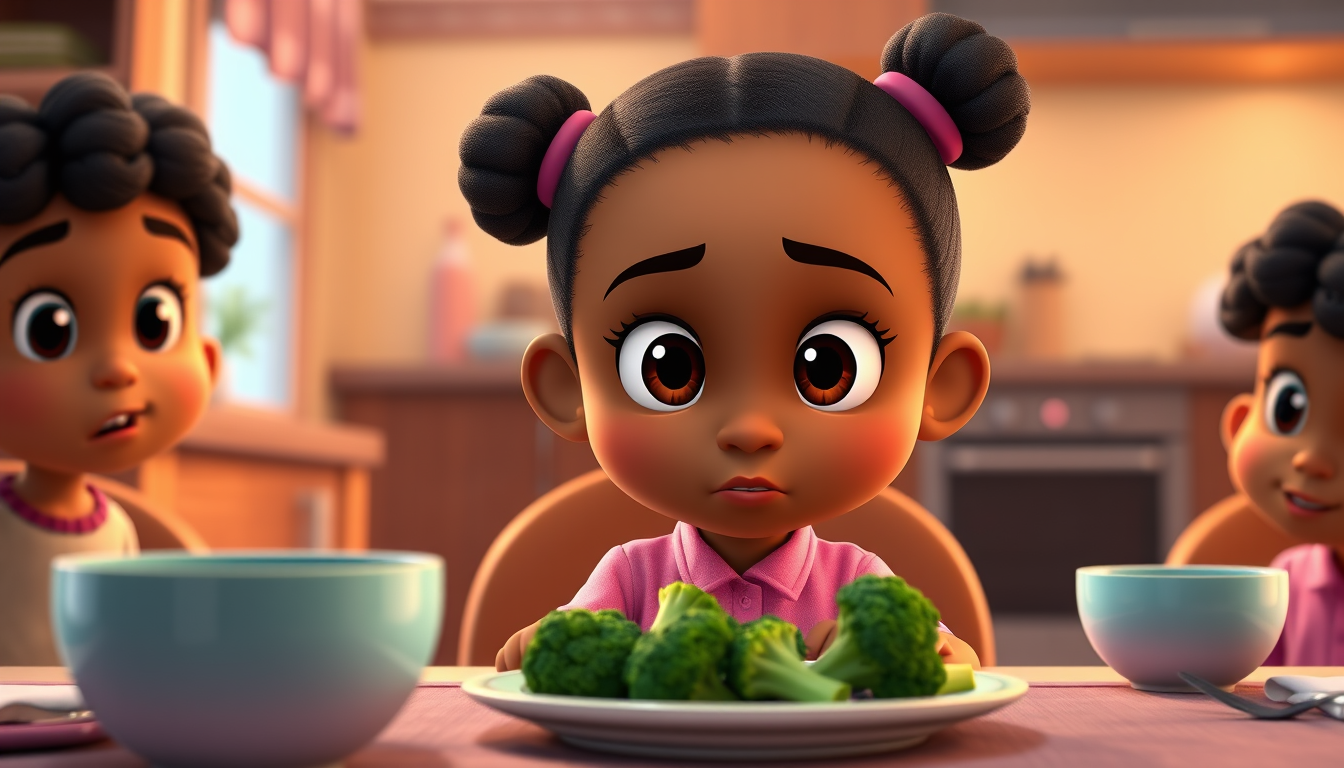 Main art studio: cute 8-year-old cartoon girl named Mia with brown skin, big expressive brown eyes, black curly hair in two puff ponytails, wearing pink pajamas, sitti