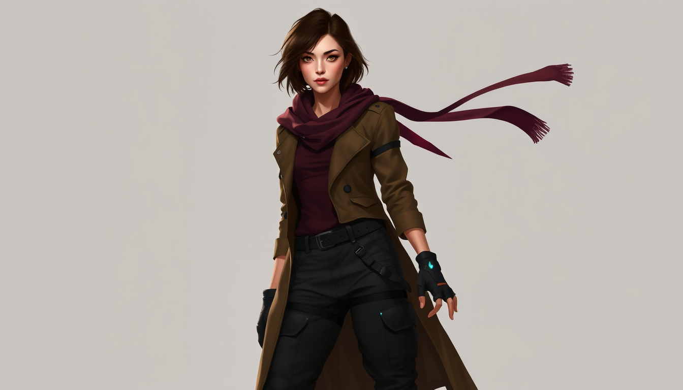 Main art studio: Digital character concept art of a 27-year-old female dystopian freedom fighter. Slender, delicate yet athletic gymnast/dancer build, graceful and agi