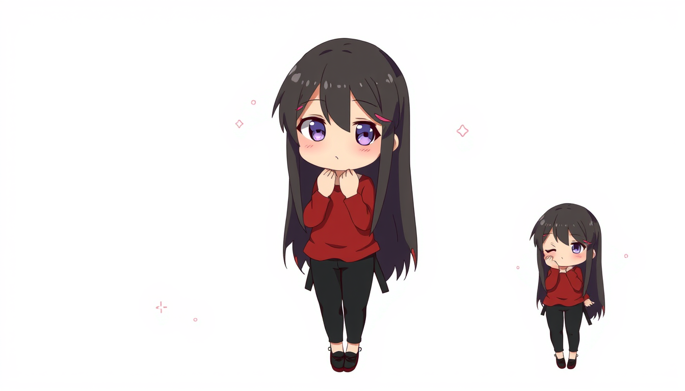 Main art studio: anime girl, shy and reserved expression, slightly blushing, avoiding eye contact, long black hair with subtle brown gradient at the tips, violet eyes,