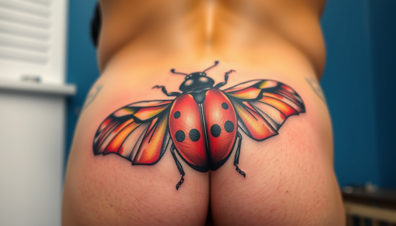 Main art studio: A man's butt with a ladybug tattooed on it. The entire butt is covered; the butt cheeks form the wings, and the head is above the butt.