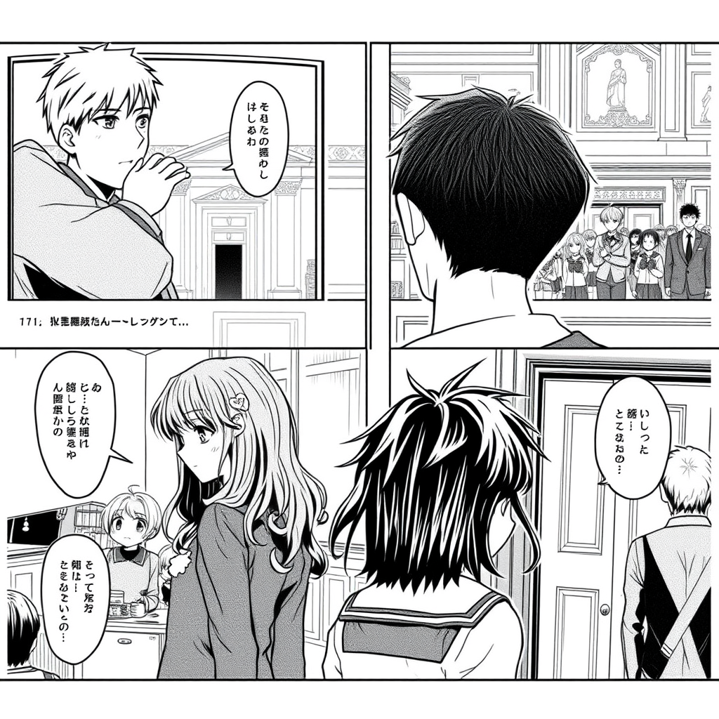 AI Art prompt example created from the prompt: B&W Japanese manga, realistic anime, clean ink, 5 panels. P1: Close-up TV shot, young Ryouma crying in his father’s arms; Miyara blurred for