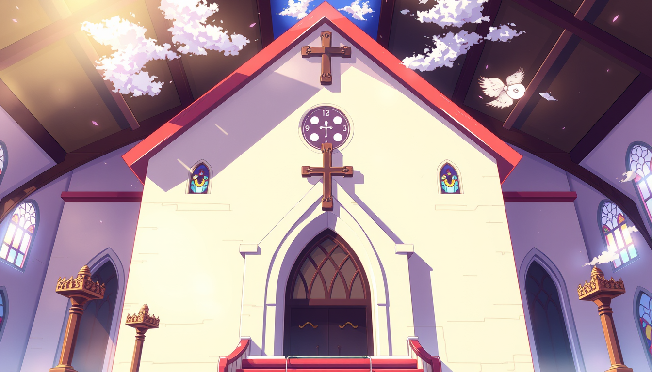 Anime idea: anime style, vibrant colors, expressive eyes, Church , detailed anime illustration