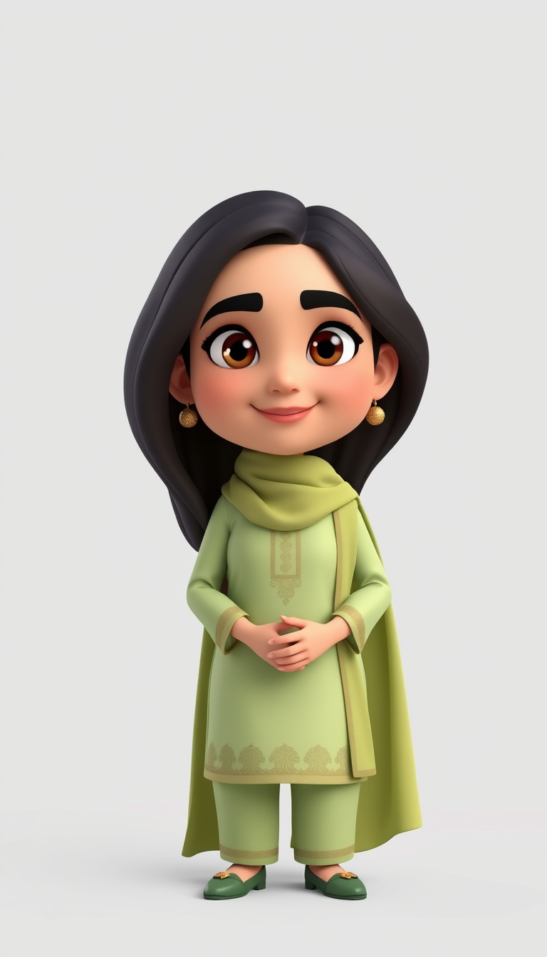 Characters idea: an original character defined by silhouette, role, outfit, palette, and expression, deliberate composition, 38-year-old Pakistani woman, mother charac