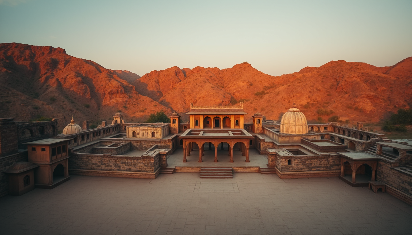 Main art studio: Wide cinematic shot of the real Bhangarh Fort in Rajasthan, abandoned royal palace, ancient temple ruins and rugged Aravalli hills, warm golden sunset