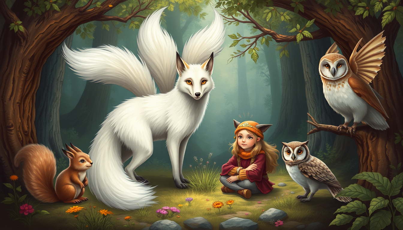 Main art studio: create a picture it should contain, two female children human, 1 white fox with 6 tails, and one squirrel, and one dragon that looks cute and one owl,