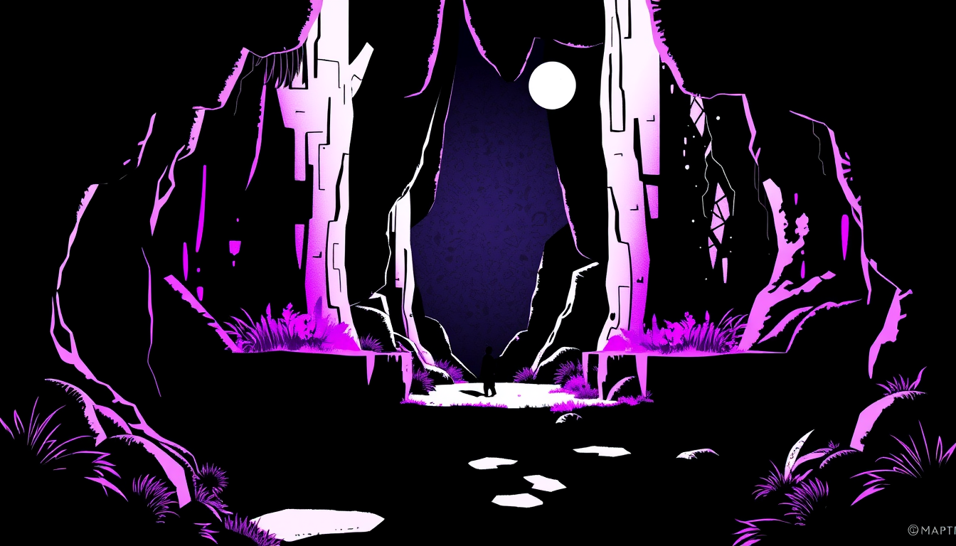 Main art studio: Un décors de jeu vidéo en isométrique et en monochrome noir + blanc + violet évoquant le rêve