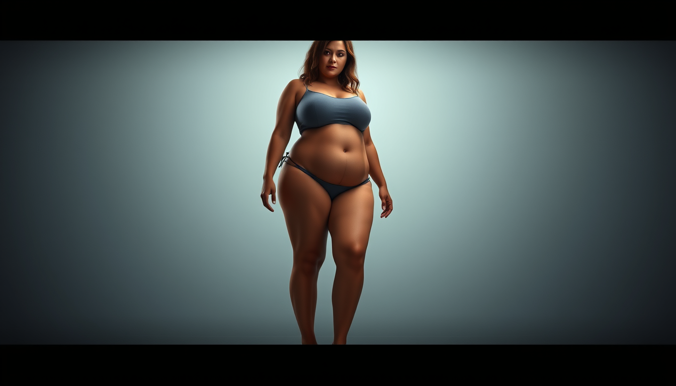 Main art studio: hyperrealistic, 16:9 ratio, adult woman, 1.65m tall. head to toe in frame, centered, realistic lighting,, chubby, thick thighs and calves, high contra