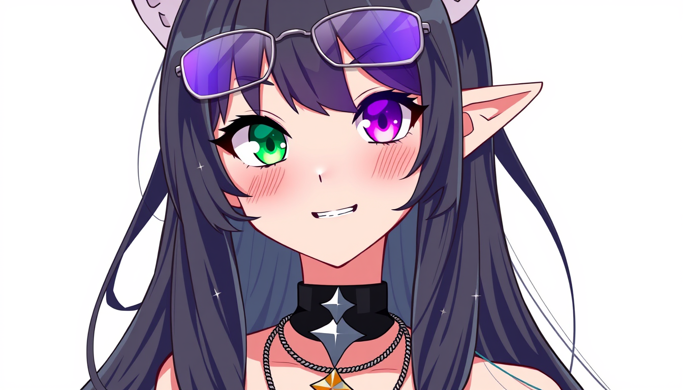VTuber Avatars idea: vtuber avatar, anime style bust, expressive eyes, streaming overlay ready, une fille avec les cheveux longs noir et avec deux méche violet clair devan