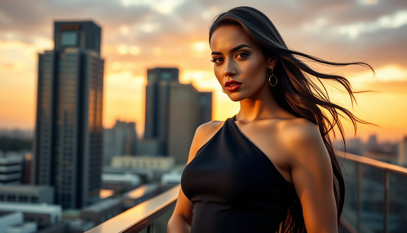 Main art studio: A glamorous 18+ adult woman, confident Instagram influencer aesthetic, stylish fitted black dress, elegant pose, long flowing hair, flawless natural m