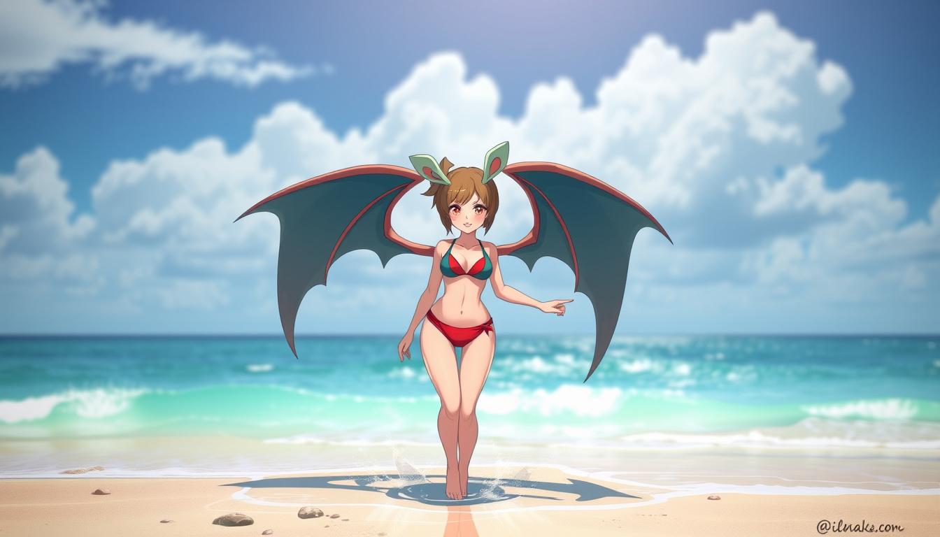 Main art studio: generate Misty from Pokemon on the beach, with a bikini