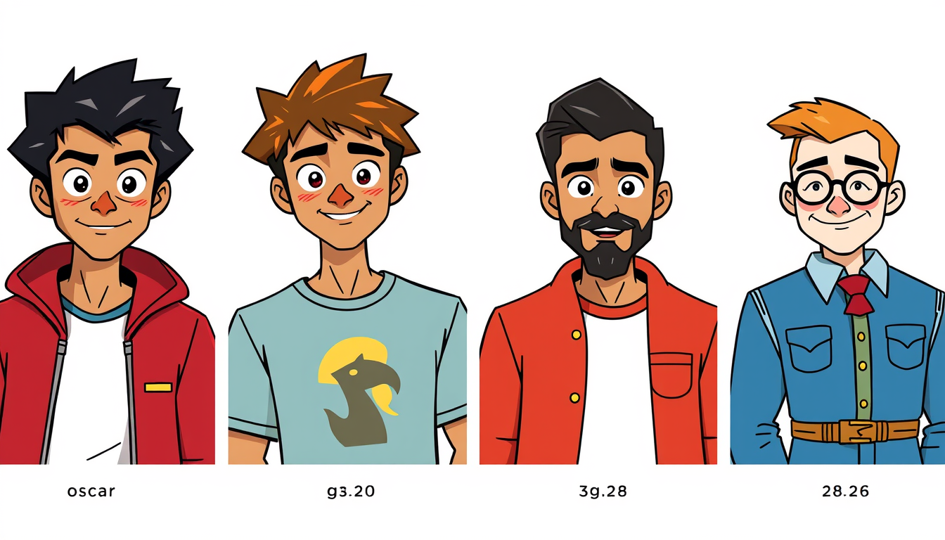 Main art studio: Crea 4 personajes,oscar de unos 39 años Jackson de unos 33 años jarinton de unos 30 años y geofrey de 28 años