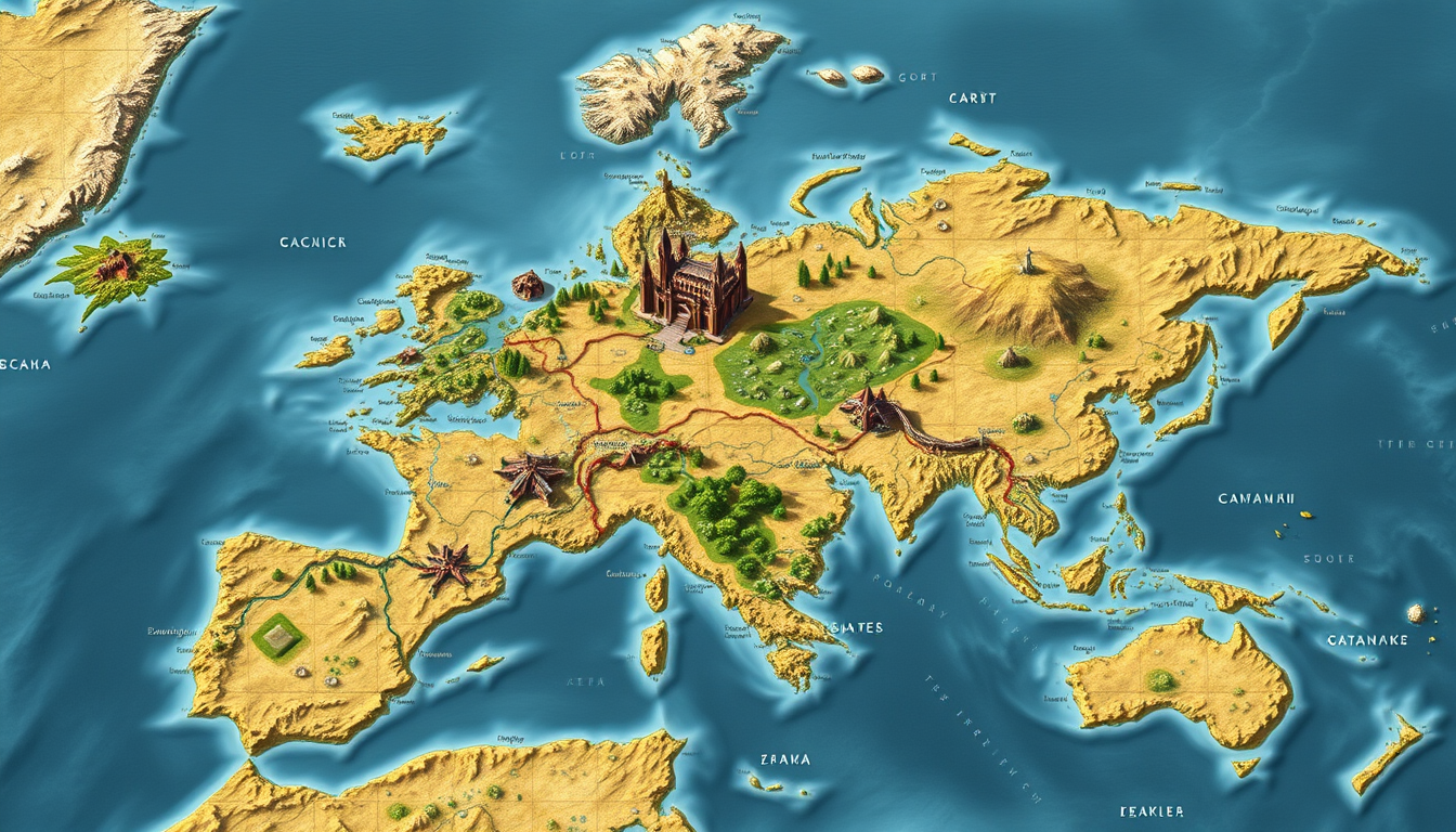 Fantasy Maps idea: a readable fictional world map with coherent coastlines, terrain regions, routes, and landmarks, deliberate composition, Степной пустынный регион. Нет