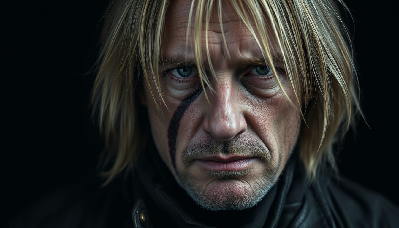 Main art studio: gritty realistic documentary portrait of a 31-year-old man, long blond hair, worn black leather jacket, long scar across his left cheek, deeply tired