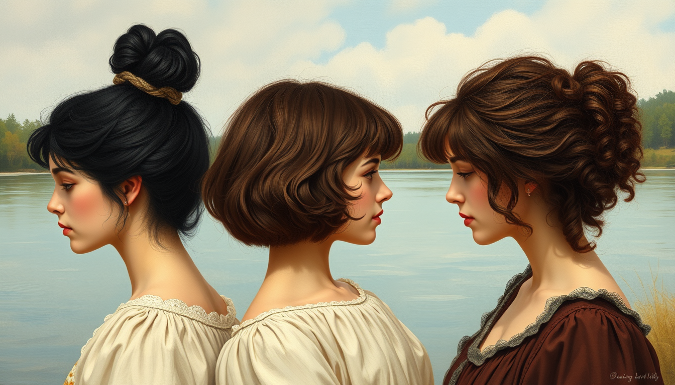 AI Art prompt example created from the prompt: I need a painting the looks like it came out of a Little Women book. It is to have three women along a riverbank. 1 of the women to have bla
