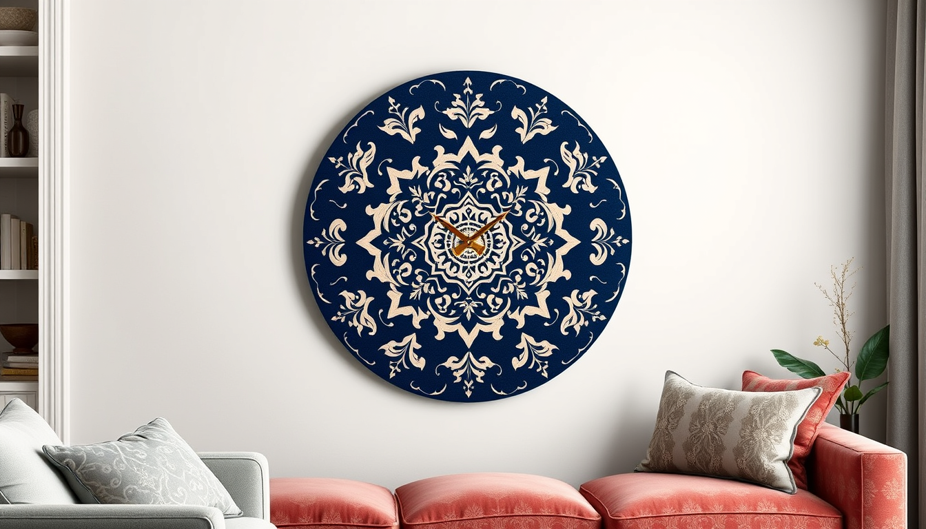 Main art studio: . . ### Image Prompt Minimalist handmade wall clock with a raised Persian carpet stencil pattern, featuring traditional Iranian rug motifs, elegant fl