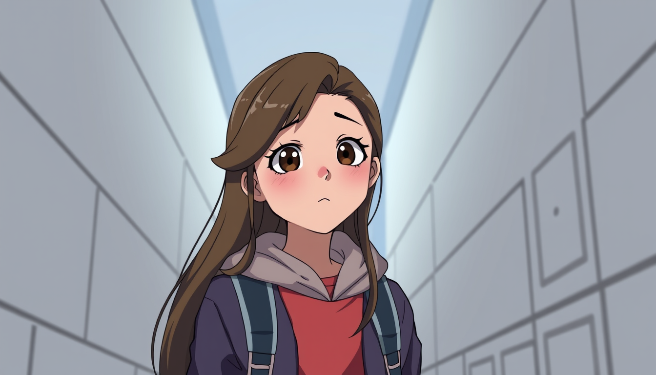 Main art studio: Une fille ado à la peau mate et aux cheveux longs et yeux bruns (cheveux relevés en queue-de-cheval) qui se moque dans un couloir animé d'un collège.