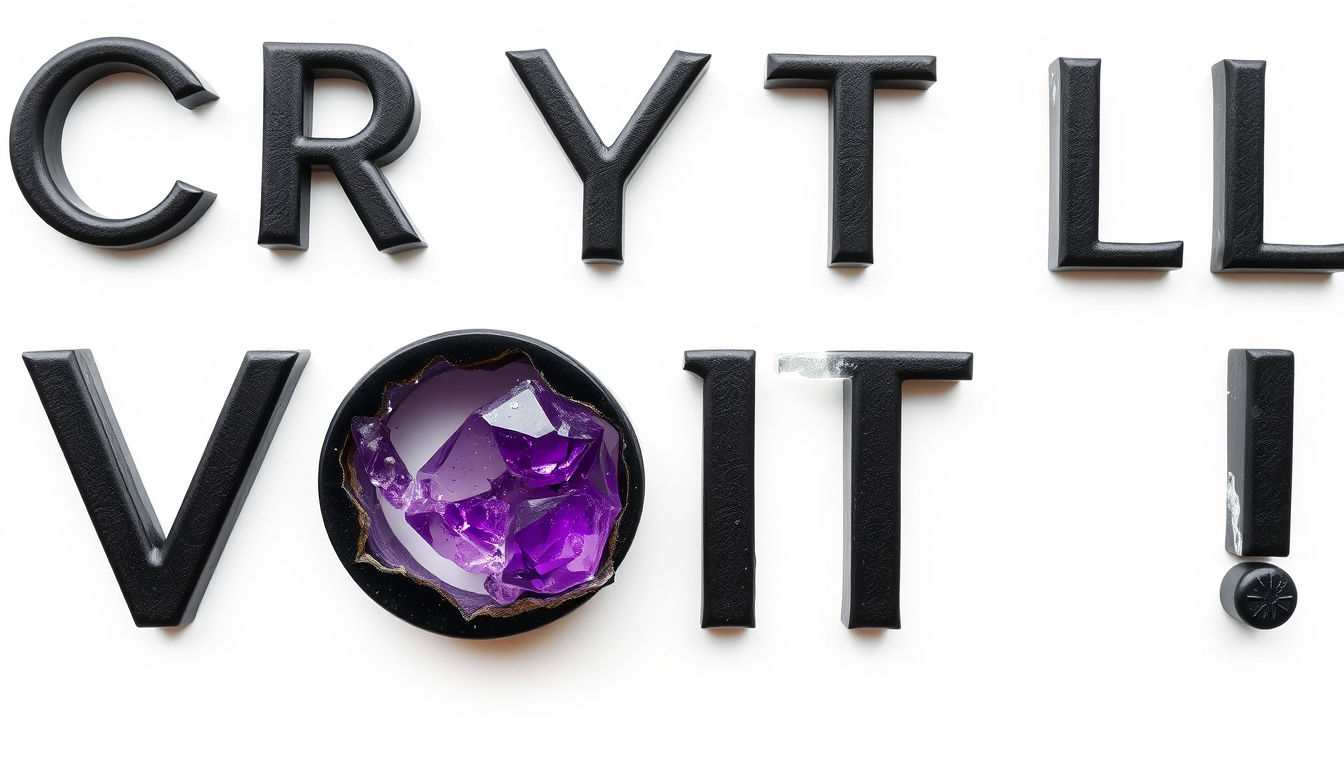 Main art studio: Create exact text “CRYSTAL VOTE”, all letters visible. CRYSTAL top, VOTE below shifted right. Black forged-metal 3D letters. ONE small outer corner is
