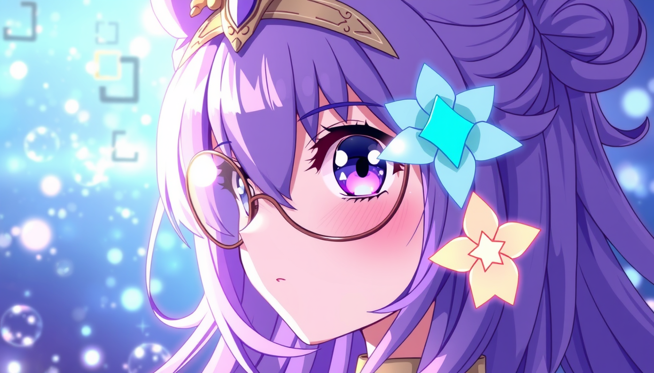 Anime idea: anime style, vibrant colors, expressive eyes, Erstellen ein süßes Anime magical girl, deren Farbe lila ist, sie hat bräunliche Haut und trägt eine gro