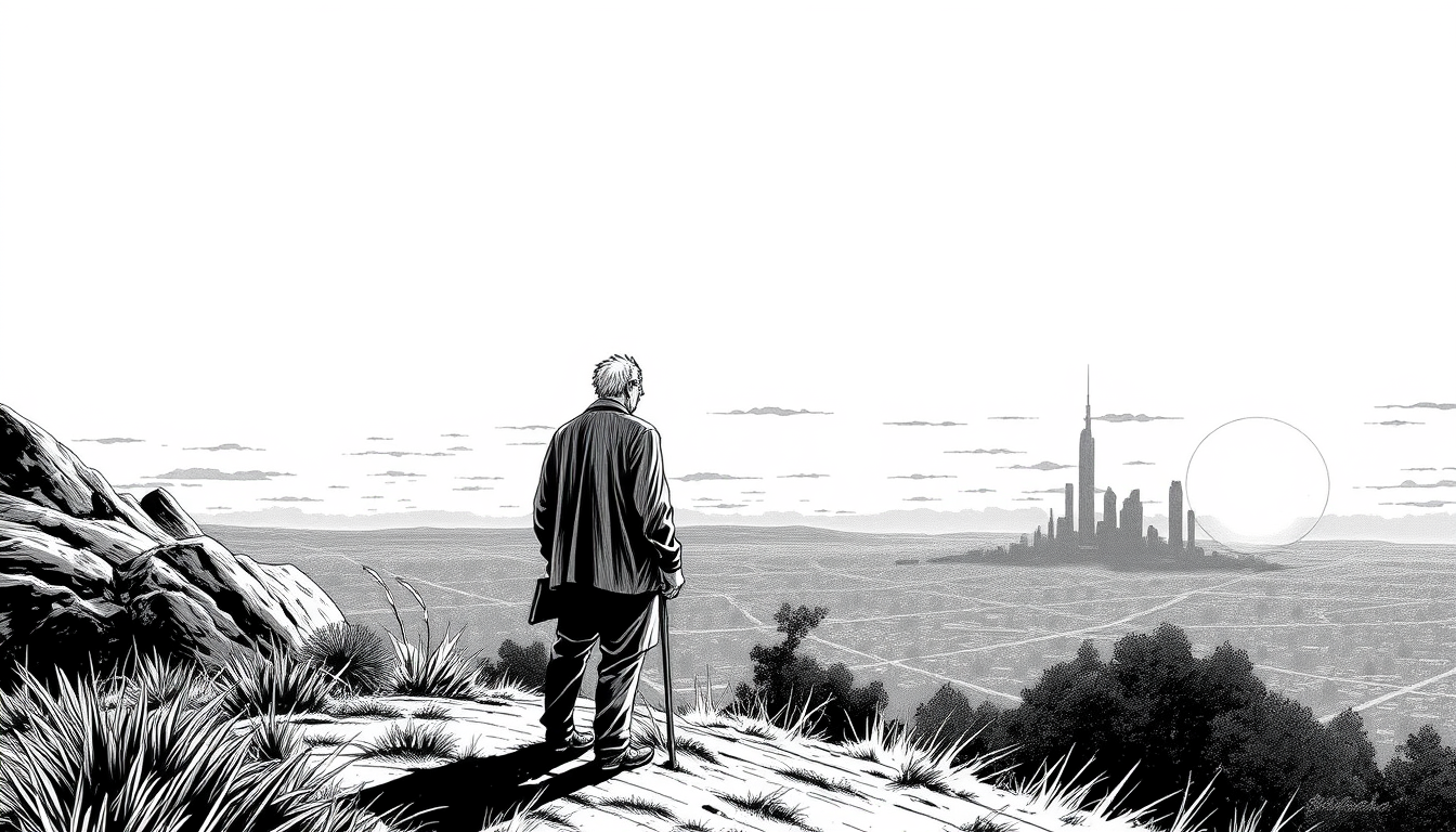 Manga idea created from the prompt: manga panel, black-and-white ink, screentone shading, expressive line weight, blame dystopia, one elderly man and an humanoid android on a h